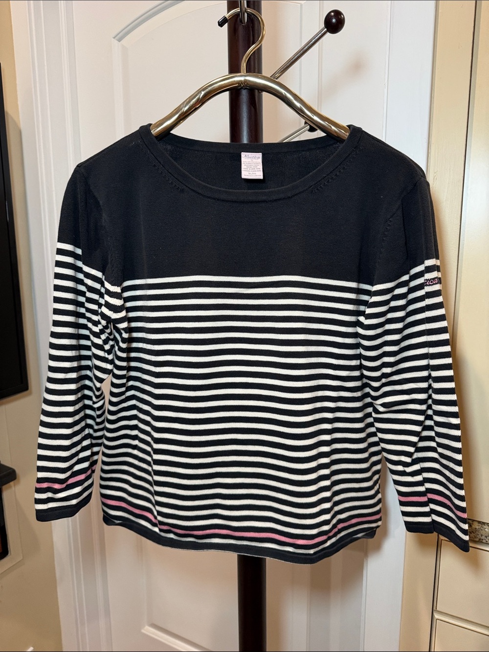 Nautica Black & White Striped 3/4 Sleeve Top with Pink Trim